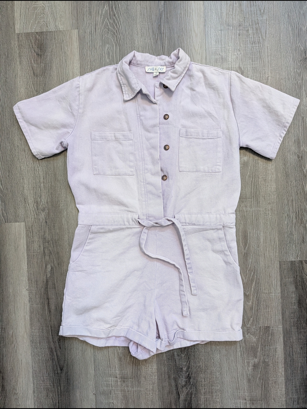 She + Sky Romper Womens Medium Purple Denim Button Front Belted Utility Shorts